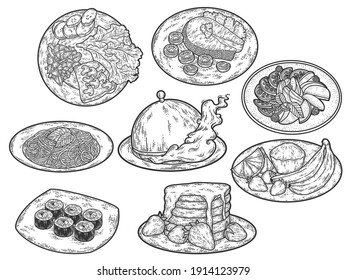 Set, food on plates. Engraving vector illustration. Sketch scratch board imitation.