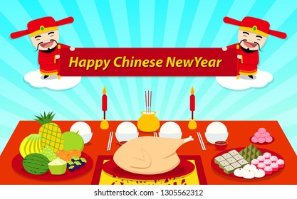 Set of food on table for Chinese New year, vector