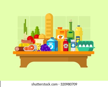 Set food on the table. Wine and grapes, milk and sausage, loaf and juice, oil and eggs, vector illustration