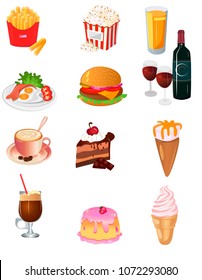 Set of food on a white background. French fries. Popcorn. Orange juice in a glass. A bottle of red wine and glasses with wine. Bacon and eggs. Burger. Coffee. Cappuccino. Ice cream. Chocolate cake 