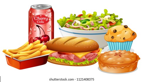 Un conjunto de alimentos sobre fondo blanco, ilustración