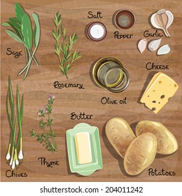 Set food on a wooden table top. Ingredients. Vector illustration