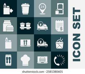 Set Food ordering, Asian noodles and chopsticks, Paper financial check, Round the clock delivery, Coffee cup to go, Online burger,  and Fast by car icon. Vector