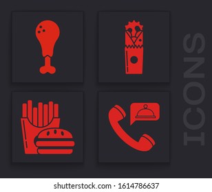 Set Food ordering, Chicken leg, Doner kebab and Burger and french fries in carton package box icon. Vector