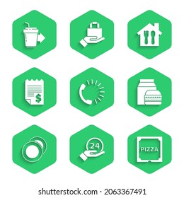 Set Food ordering, Clock 24 hours, Pizza cardboard box, Online and burger delivery, Plate, Paper financial check,  and Coffee cup to go icon. Vector