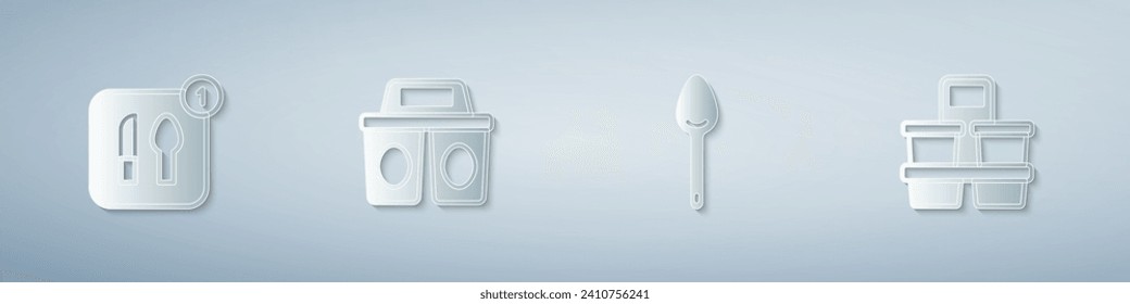 Set Food ordering, Coffee cup to go, Spoon and . Paper art style. Vector