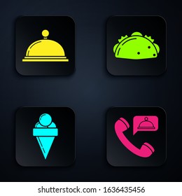 Set Food ordering, Covered with a tray of food, Ice cream in waffle cone and Taco with tortilla. Black square button. Vector