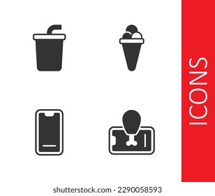 Set Food ordering on mobile, Paper glass with water,  and Ice cream waffle icon. Vector