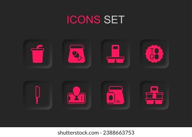 Set Food ordering on mobile, Online fish, Paper glass with water, food, Coffee cup to go,  and Knife icon. Vector
