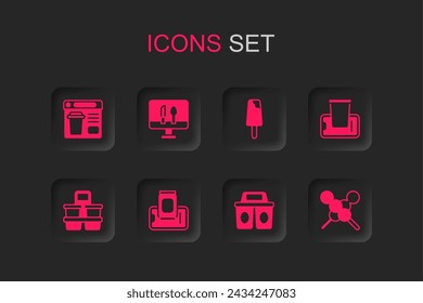 Set Pedido de comida en el móvil, Comida en línea, Taza de café para llevar, Albóndigas palo de madera, Helado e icono. Vector
