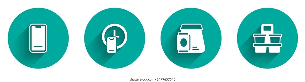 Set Food ordering on mobile, Round the clock delivery, Online food and Coffee cup to go icon with long shadow. Vector