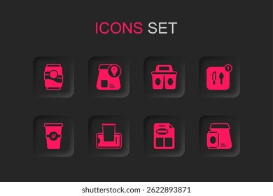 Set Food ordering on mobile, Online food, Soda can, Restaurant cafe menu, Coffee cup to go and  icon. Vector