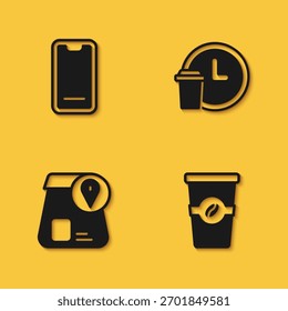 Establezca el pedido de alimentos en el móvil, taza de café para llevar, comida en línea y icono de entrega de reloj redondo con sombra larga. Vector