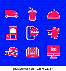 Set Food ordering, Online burger delivery, and, Coffee cup to go, Covered with tray food and Fast by car icon. Vector