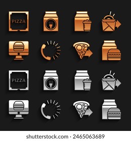 Set Food ordering, Online noodles delivery, and burger, pizza, Pizza cardboard box and  icon. Vector