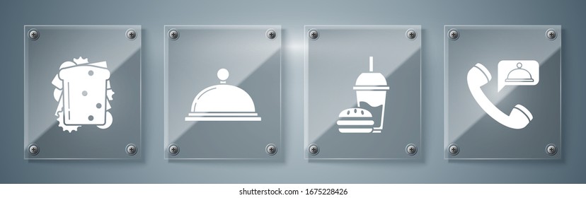 Set Food ordering, Paper glass with drinking straw and burger, Covered with a tray of food and Sandwich. Square glass panels. Vector