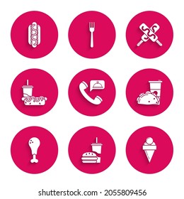 Set Food ordering, Paper glass with drinking straw and burger, Ice cream waffle cone, taco tortilla, Chicken leg, hotdog,  and Hotdog sandwich mustard icon. Vector