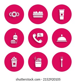 Set Food ordering pizza, Asian noodles paper box and chopsticks, Fork, Covered with tray of food, Popcorn cardboard, Paper glass drinking straw burger, water and Donut sweet glaze icon. Vector