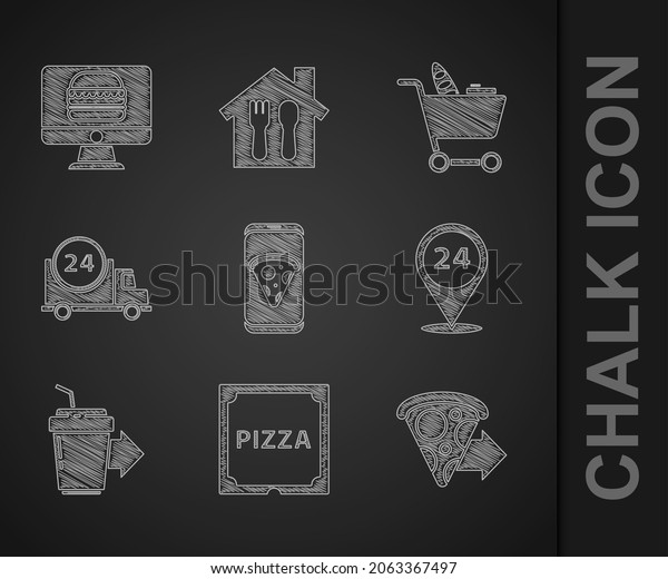 Set Food ordering pizza, Pizza cardboard\
box, Online delivery, Round the clock, Coffee cup to go, Fast by,\
Shopping cart and food and  icon.\
Vector