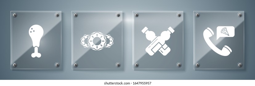 Set Food ordering pizza, Crossed bottle of water, Donut with sweet glaze and Chicken leg. Square glass panels. Vector