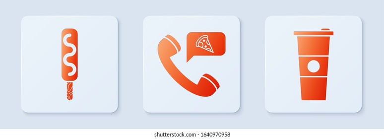 Set Food ordering pizza, Ice cream and Paper glass and water. White square button. Vector