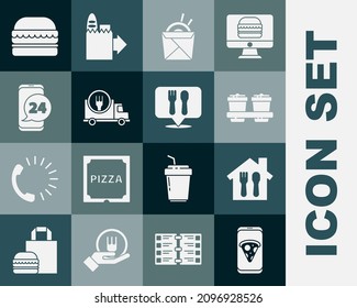 Set Food ordering pizza, Online and delivery, Coffee cup to go, Asian noodles chopsticks, Fast by car, Burger and Cafe restaurant location icon. Vector