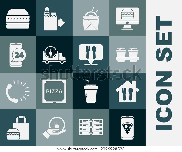 Set Food ordering pizza, Online and\
delivery, Coffee cup to go, Asian noodles chopsticks, Fast by car,\
Burger and Cafe restaurant location icon.\
Vector
