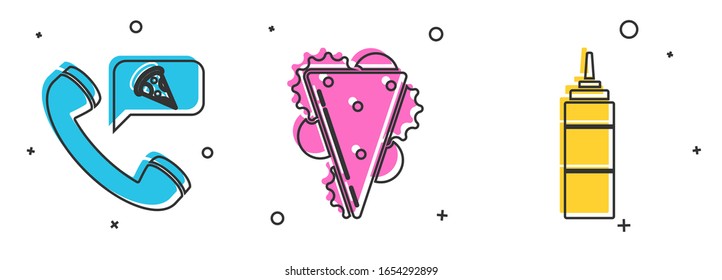 Set Food ordering pizza, Sandwich and Sauce bottle icon. Vector
