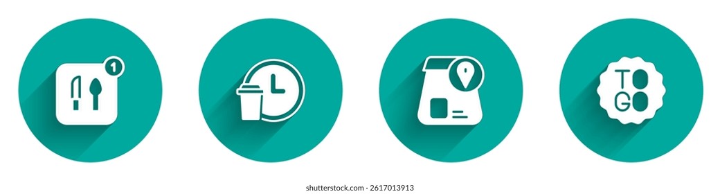 Set Food ordering, Round the clock delivery, Online food and Coffee cup to go icon with long shadow. Vector