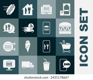 Set Food ordering, Shopping cart and food, Burger, Online burger delivery, Fast by, Cafe restaurant location, hotdog and  icon. Vector