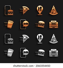 Set Food ordering, Slice of pizza, Online burger delivery, Coffee cup to go, Cafe and restaurant location,  and  icon. Vector