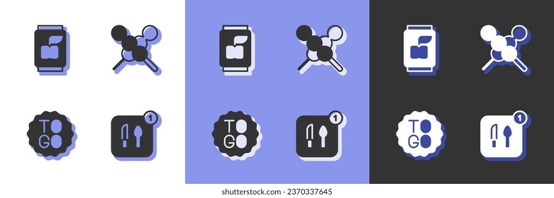 Set Food ordering, Soda can, Coffee cup to go and Meatballs on wooden stick icon. Vector