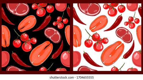Set Food  pattern with red fish vegetables and meat steak on a black and white background in hand drawn style. Cartoon flat vector stock seamless pattern . Juicy Food Pattern with cherri and chilli. 