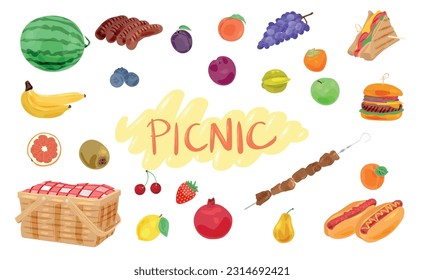 Set of food for picnic on white background
