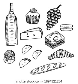 Set of food for a picnic, wine and snacks, vector illustration, hand drawing