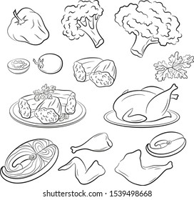 Set of Food Pictograms, Fried Chicken, Vegetables, Stuffed Peppers, Greens, Fish and More. Black Contours Isolated on White Background. Vector