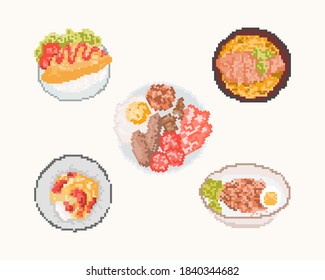 Set Of Food In Pixel Art. 8 Bit Art Vector Illustration.