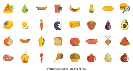 Set of food poisoning icons, showing expired products with mold and viruses, in flat design