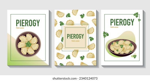 Set of food posters. Dumplings, varenyky, pierogi. Polish cuisine. Ukrainian cuisine. Vector illustration for banner, flyer, cover, advertising, menu, poster.