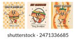 Set of food posters in groovy style. Food and drinks. Quick snack. Y2k elements and shapes. Comic and character. Walking. Retro character with face and hands and legs. Psychedelic and hippie. 2000s.