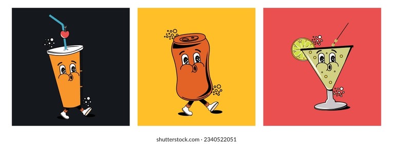 Set of food posters in groovy style. Y2k. Hippie and style of the 60s and 70s. Vector stock illustration. isolated. Retro characters.