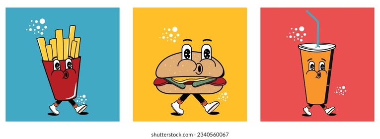 Set of food posters in groovy style. Y2k. Hippie and style of the 60s and 70s. Vector stock illustration. isolated. Retro. Fast food and drink