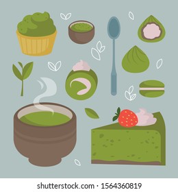 Set of food prepared from matcha, green traditional Japanese food. Hot drink in a ceramic cup, sweets, cake, cake, etc. Vector illustration in cartoon flat style.