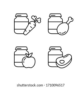 Set of food preservation. Glass jar with different types of baby food. Line art icon of fruit, vegetable and meat puree or mash. Contour isolated vector on white background. Canned or tinned goods