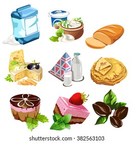 A set of food products of animal and vegetable origin. Vector illustration.