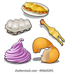 The set of food products from chicken eggs and chicken meat isolated on white background. Vector illustration.
