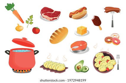 A set of food products, ingredients for soup, ready meals, sweets, fast food. Drawn in vector, flat image on white background