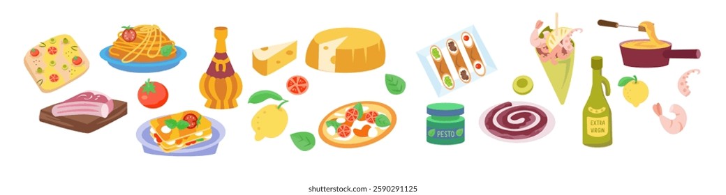 Set of food, food products of Italy. Food products and traditional cuisine. Symbols and isolated vector illustrations on white background. 