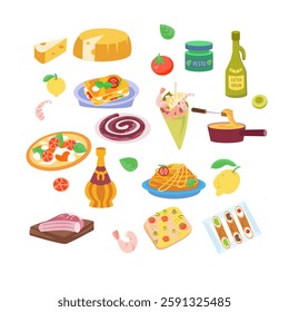 Set of food, food products of Italy. Food products and traditional cuisine. Symbols and isolated vector illustrations on white background. 