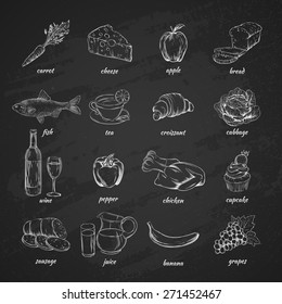 Set of food and products on the background of the chalk board.
Vector hand drawn illustration.